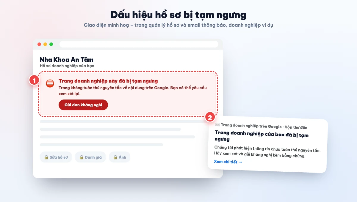 Dấu hiệu hồ sơ Google Maps bị tạm ngưng trên trang quản lý và email