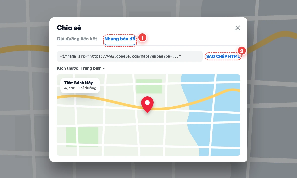Hộp thoại Chia sẻ của Google Maps ở thẻ Nhúng bản đồ