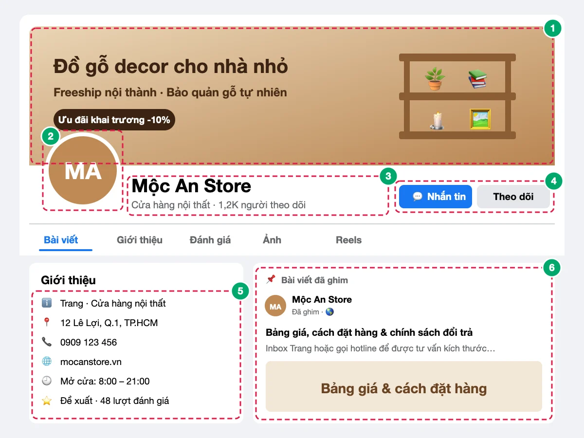 Mẫu Fanpage bán hàng đã thiết lập đầy đủ thông tin