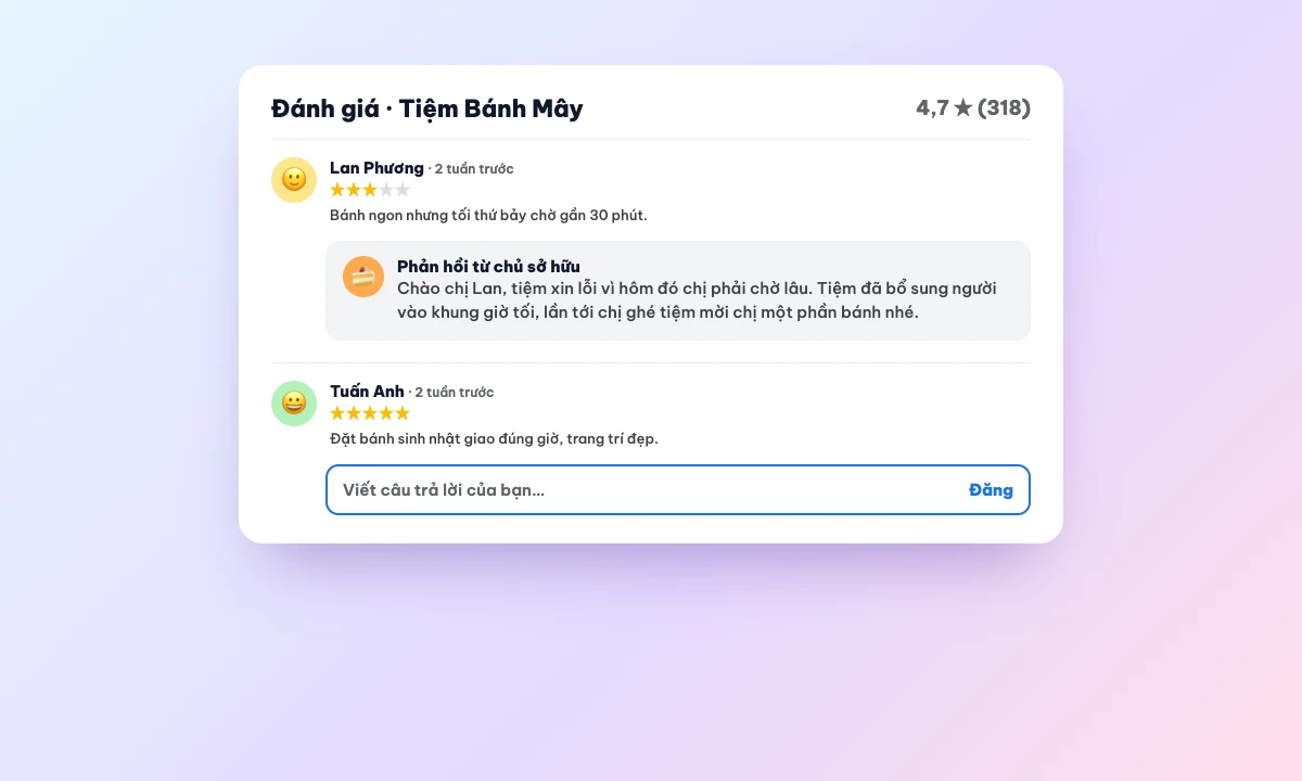 Giao diện minh hoạ phản hồi đánh giá trên hồ sơ Google Maps