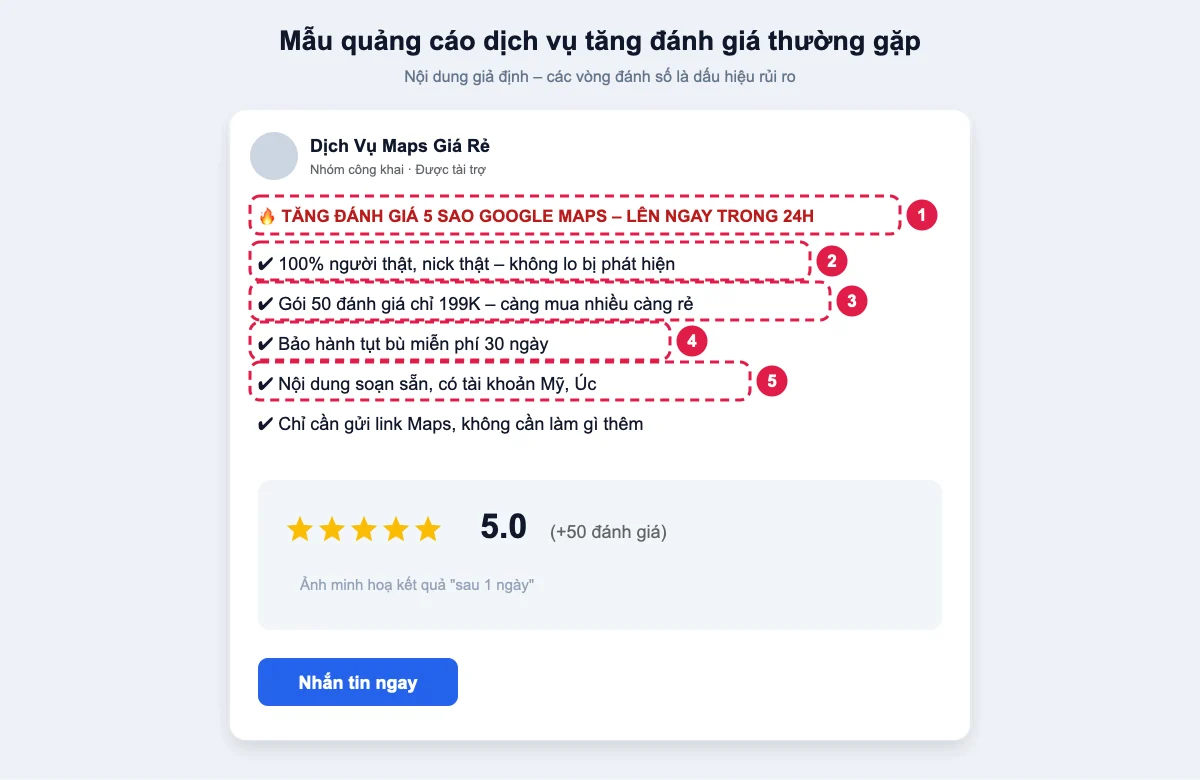 Dấu hiệu rủi ro trong quảng cáo dịch vụ tăng đánh giá Google Maps