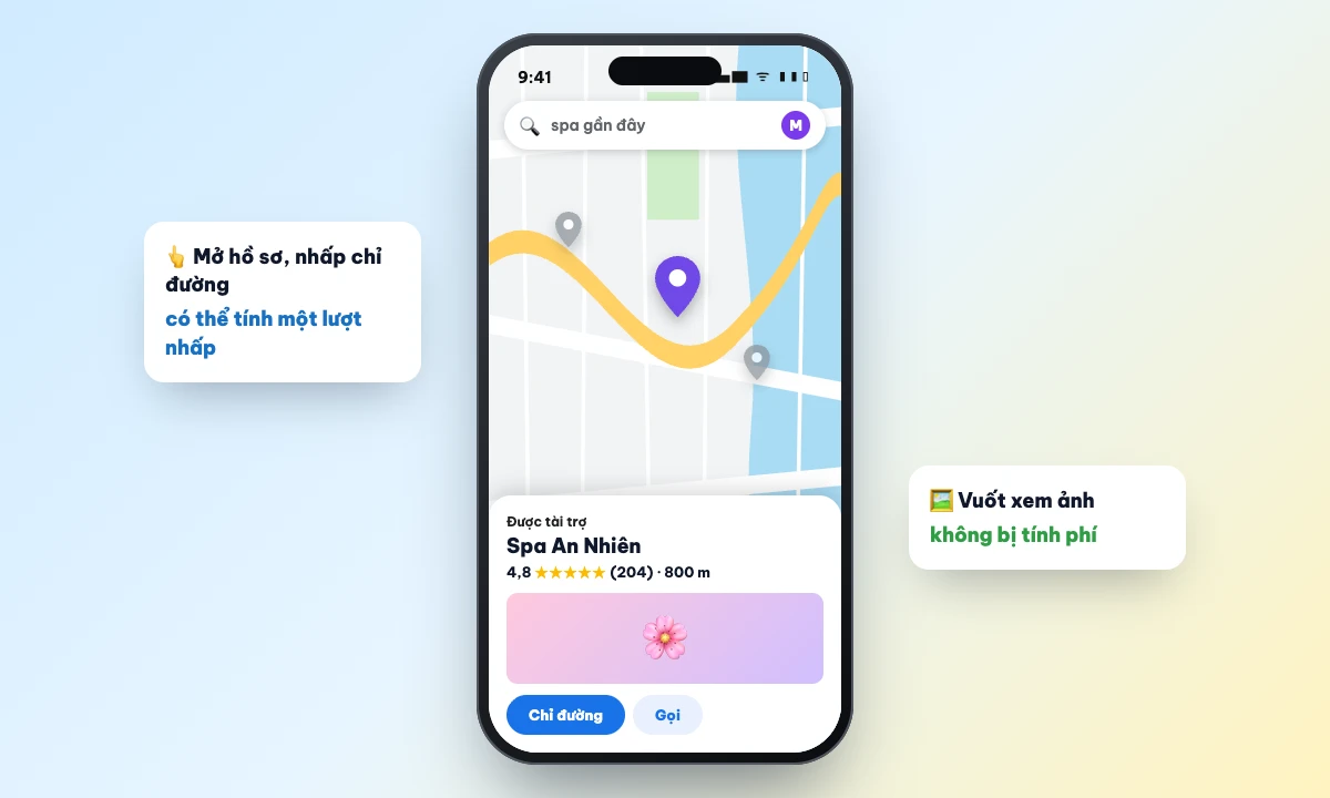 Giao diện minh hoạ quảng cáo được tài trợ trên Google Maps