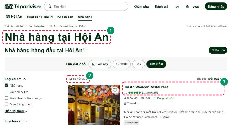 Trang xếp hạng nhà hàng tại Hội An trên TripAdvisor