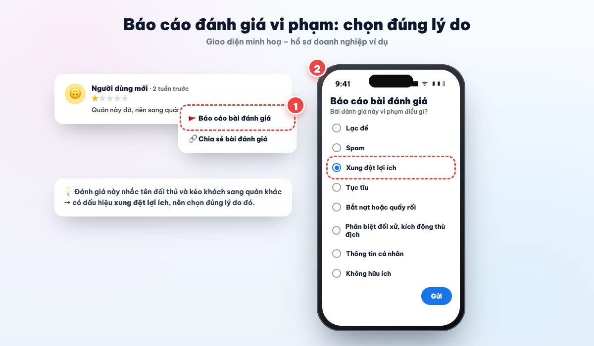 Báo cáo đánh giá vi phạm trên Google Maps và chọn đúng lý do