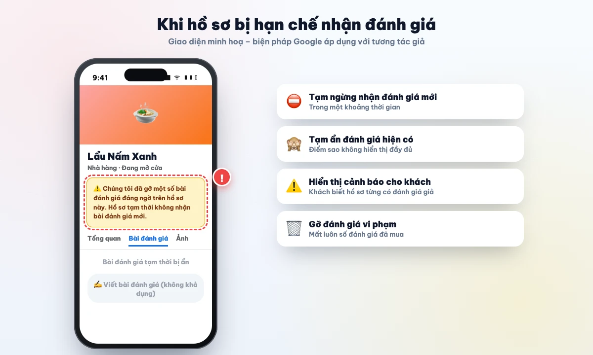 Hồ sơ Google Maps bị hạn chế nhận đánh giá mới do vi phạm chính sách