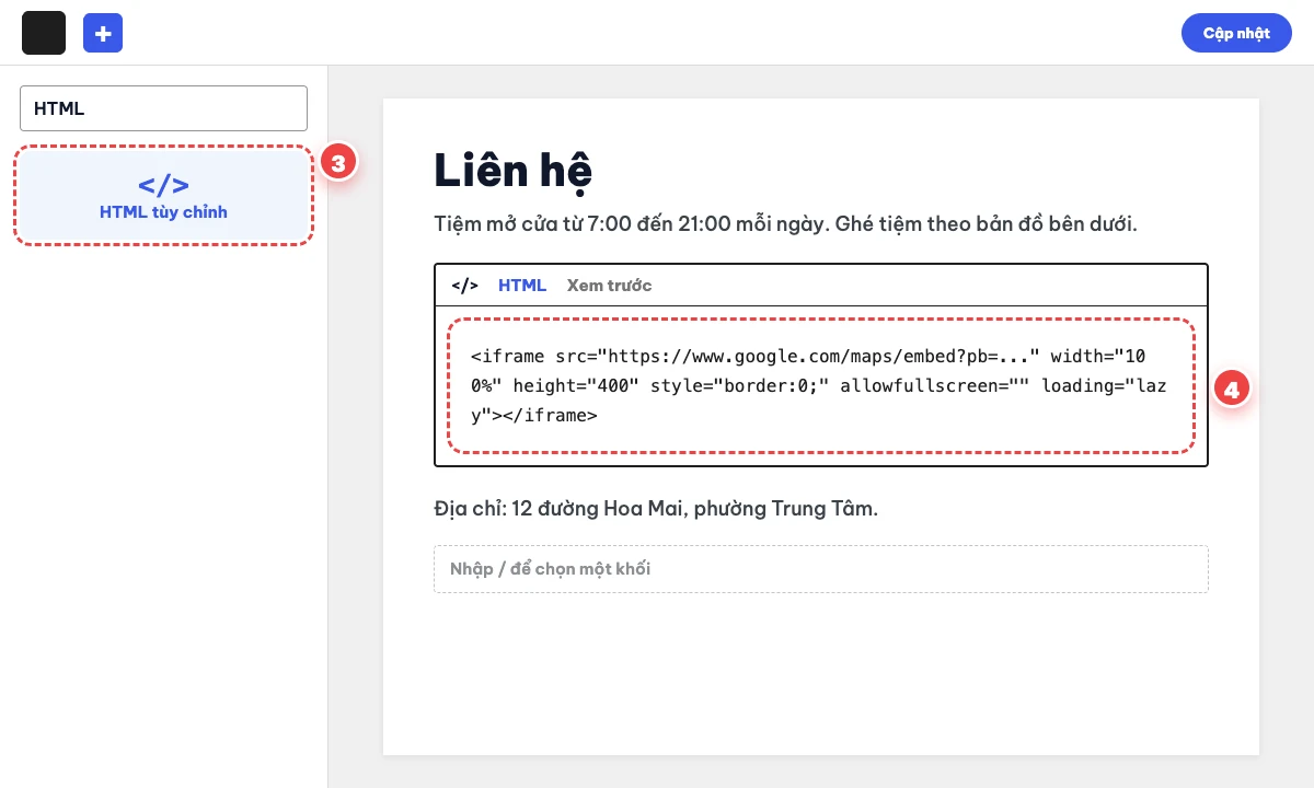 Khối HTML tùy chỉnh chứa mã nhúng Google Maps trong trình soạn thảo WordPress