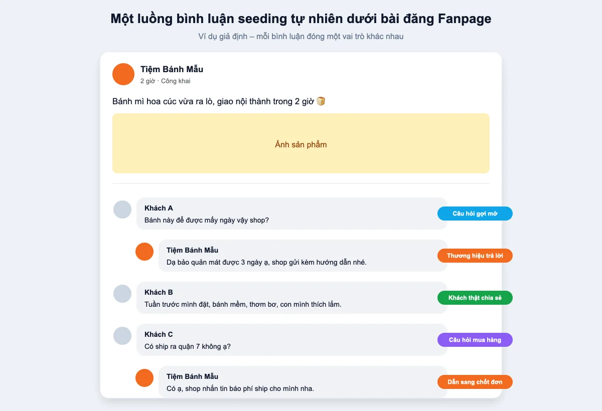 Luồng bình luận seeding tự nhiên dưới bài đăng Fanpage