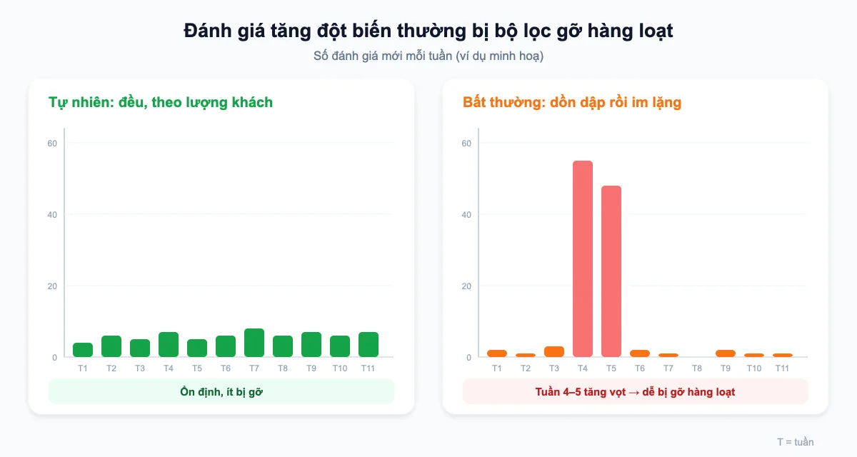 Tốc độ đánh giá Google Maps tự nhiên và tăng đột biến bất thường