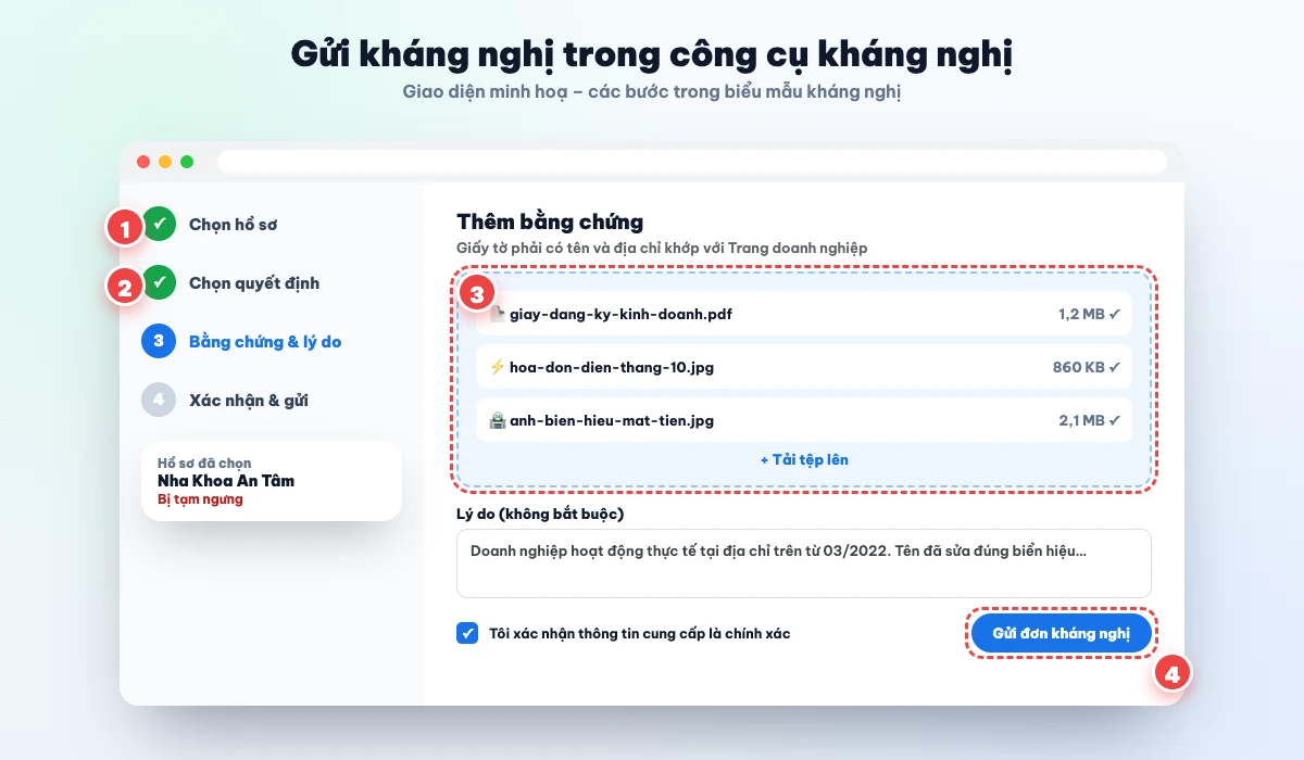 Các bước gửi kháng nghị trong công cụ kháng nghị Google Business Profile