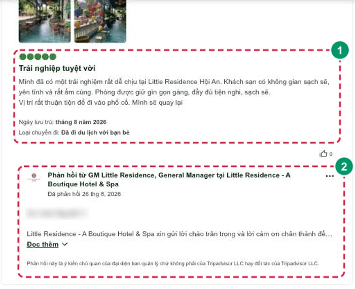 Đánh giá TripAdvisor có phản hồi của chủ cơ sở