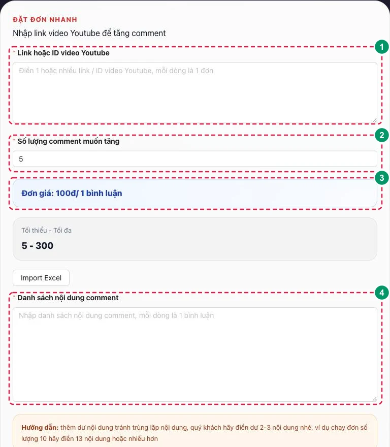 Form đặt đơn comment YouTube trên BumX