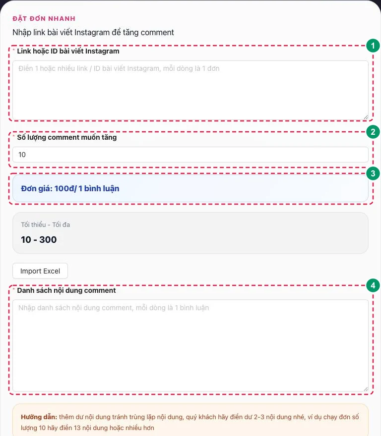 Form đặt đơn tăng bình luận Instagram trên BumX