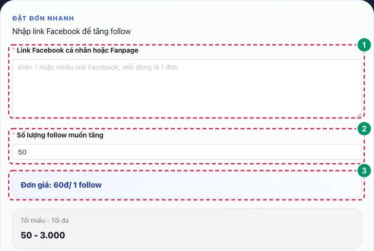 Form đặt đơn tăng follow Fanpage trên BumX