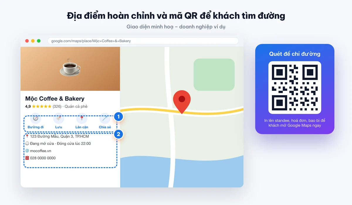 Địa điểm hoàn chỉnh trên Google Maps và mã QR chỉ đường