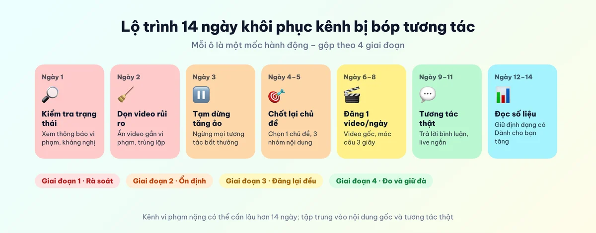 Lộ trình 14 ngày khôi phục kênh TikTok bị bóp tương tác