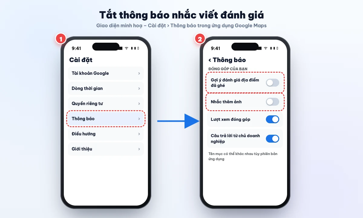 Tắt thông báo nhắc viết đánh giá trong cài đặt ứng dụng Google Maps