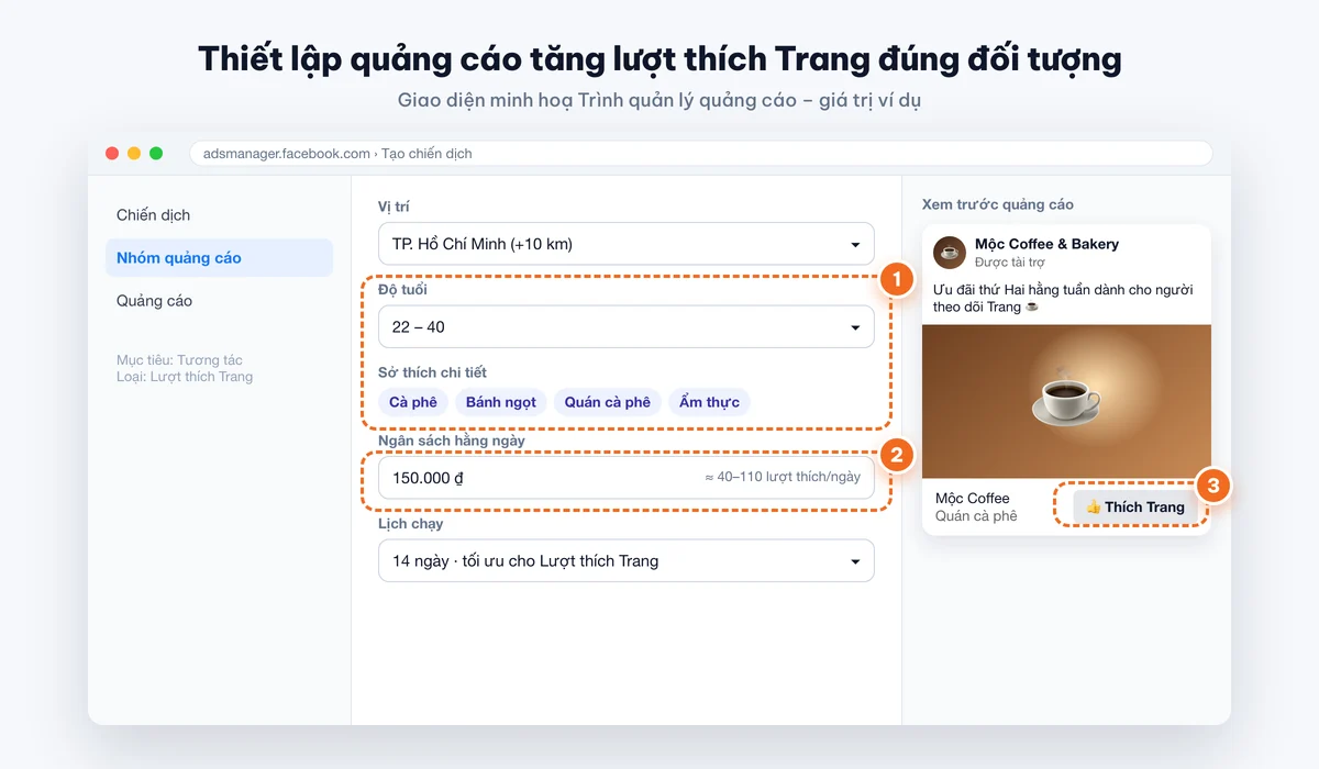 Thiết lập quảng cáo tăng lượt thích Trang đúng đối tượng