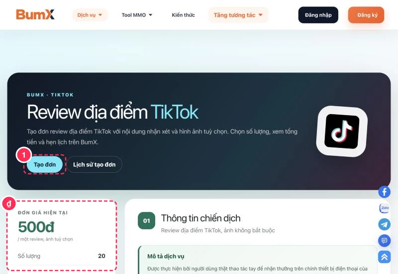Giao diện dịch vụ review địa điểm TikTok trên BumX