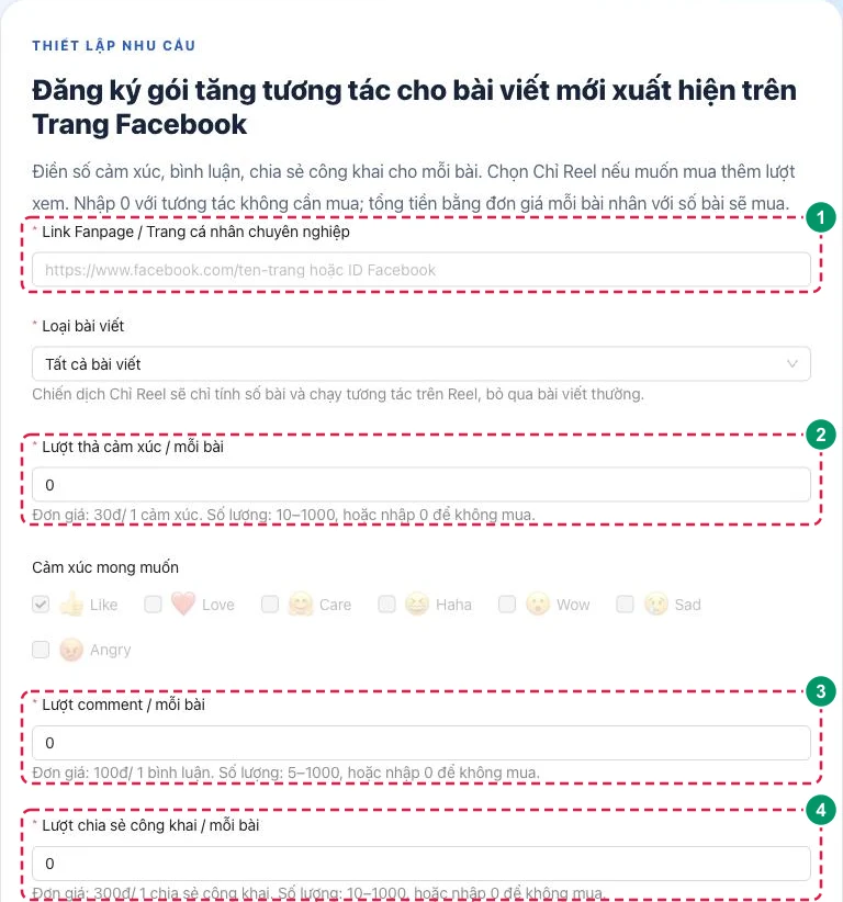 Đăng ký gói tương tác cho bài viết mới trên Fanpage tại BumX
