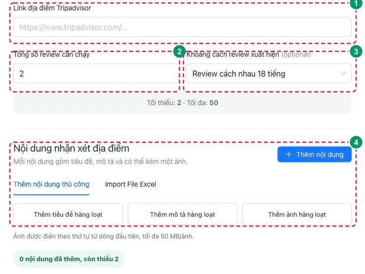 Form tạo đơn tăng đánh giá TripAdvisor trên BumX