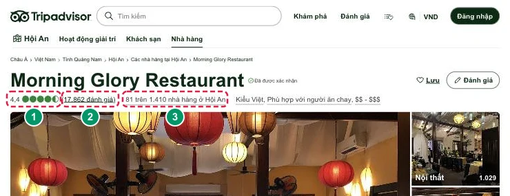 Điểm đánh giá, số lượng review và thứ hạng nhà hàng trên TripAdvisor