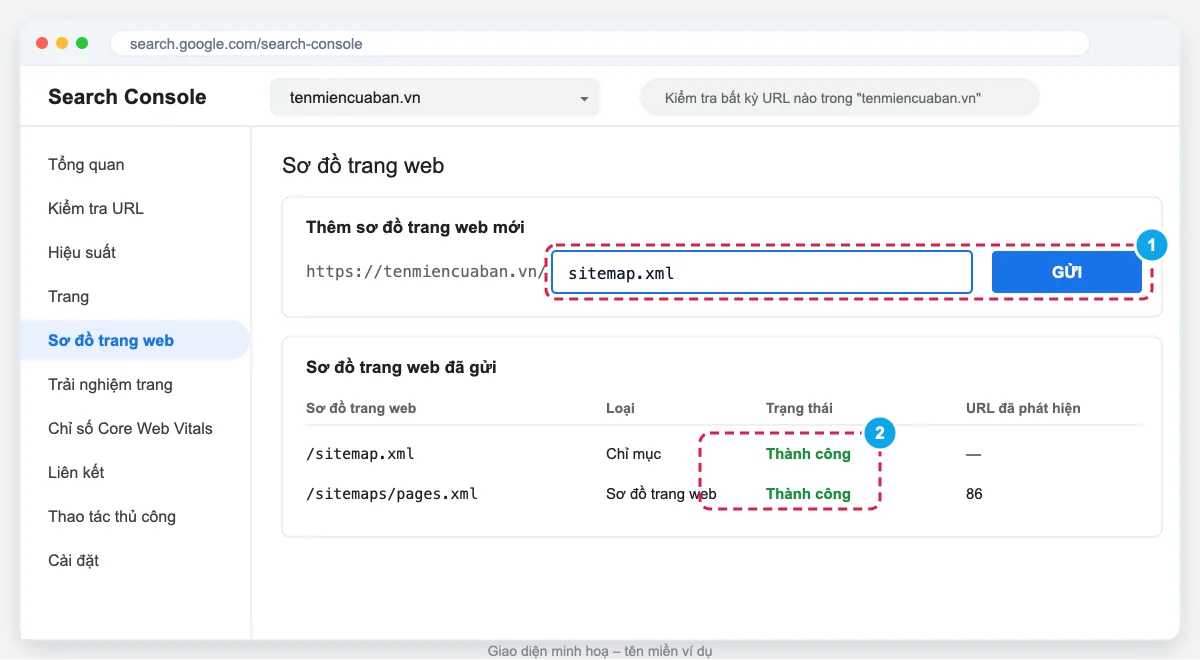 Gửi sơ đồ trang web sitemap trong Search Console