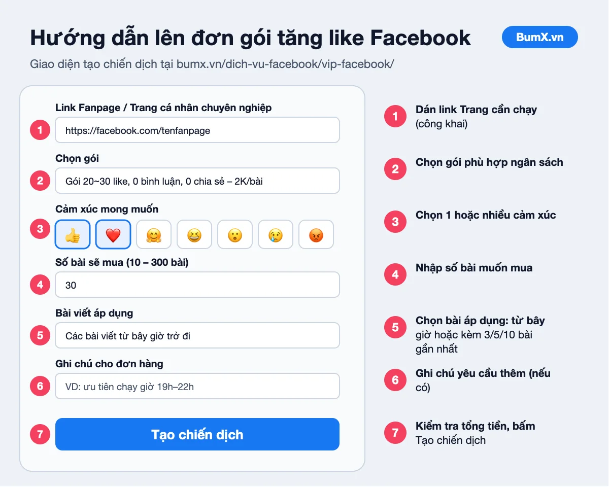 Hướng dẫn lên đơn gói tăng like Facebook trên BumX
