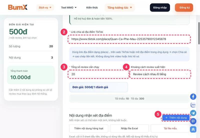 Nhập link địa điểm và số lượng đánh giá TikTok