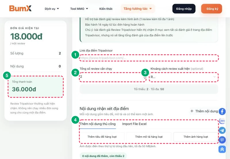 Form tạo đơn review TripAdvisor trên BumX