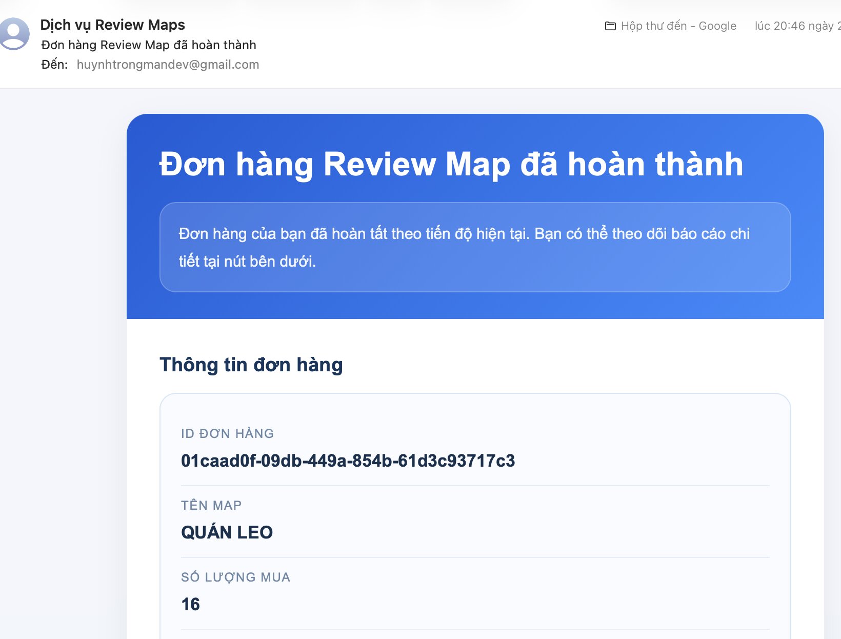 Email thông báo hoàn thành đơn hàng review maps
