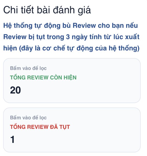 Minh họa tỷ lệ tụt review thấp trên hệ thống BumX